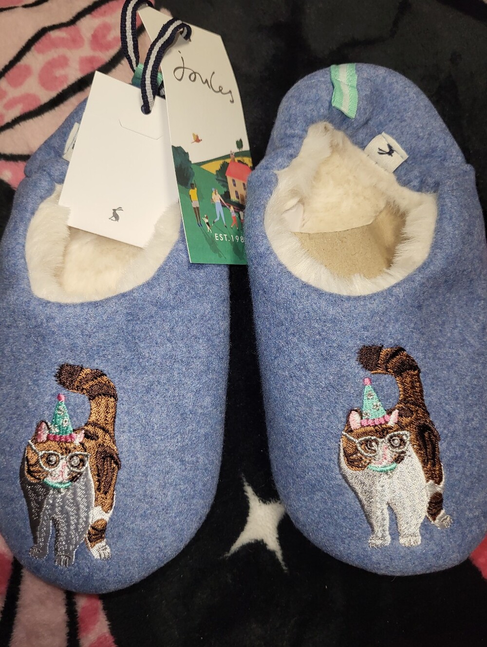 Joules Blue Cat Embroidered Cozy Slippers Sock